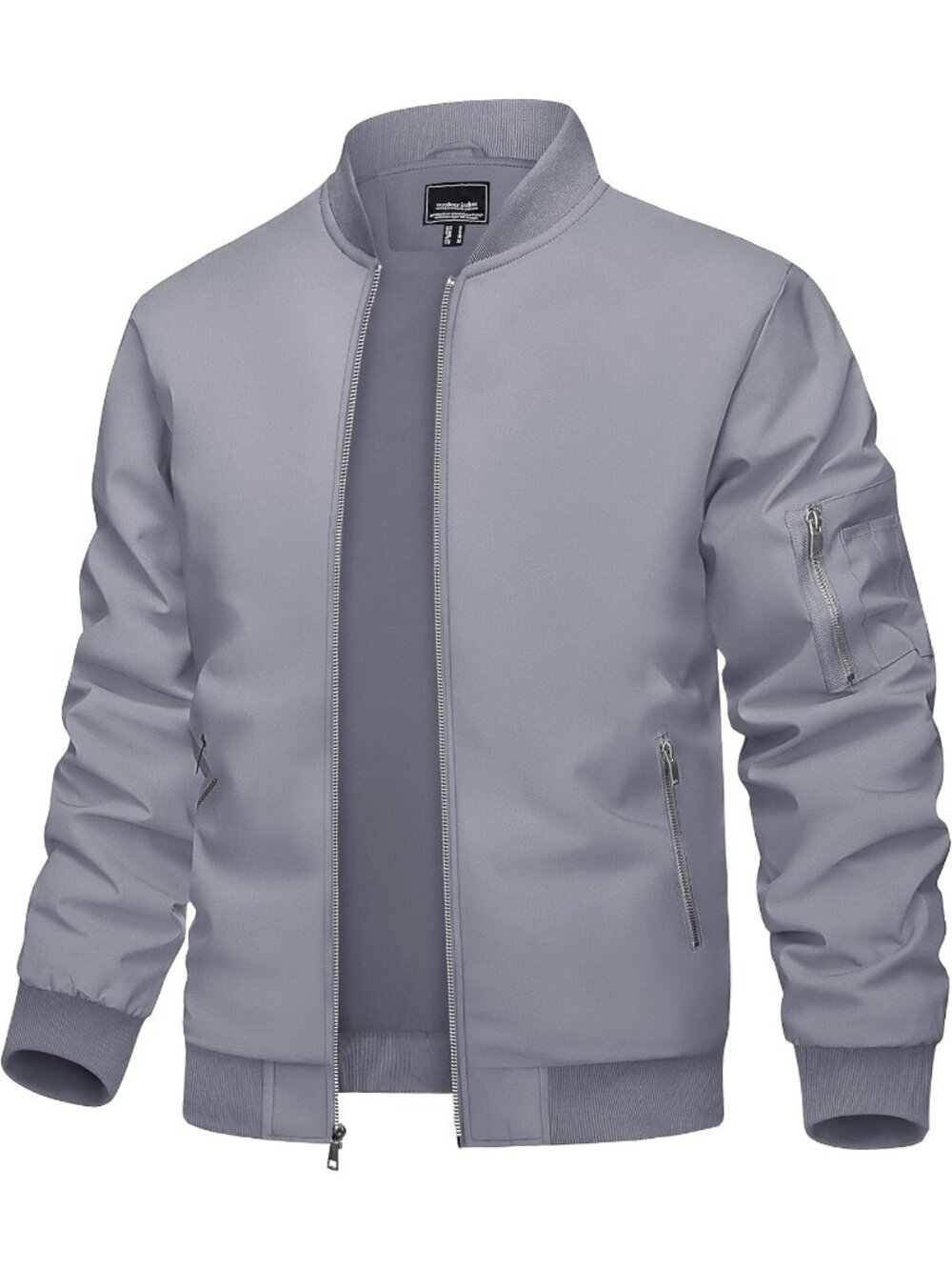 Men Light Grey Full Zipper Stand Collar Pocket Classic Windbreaker Bomber Jacket